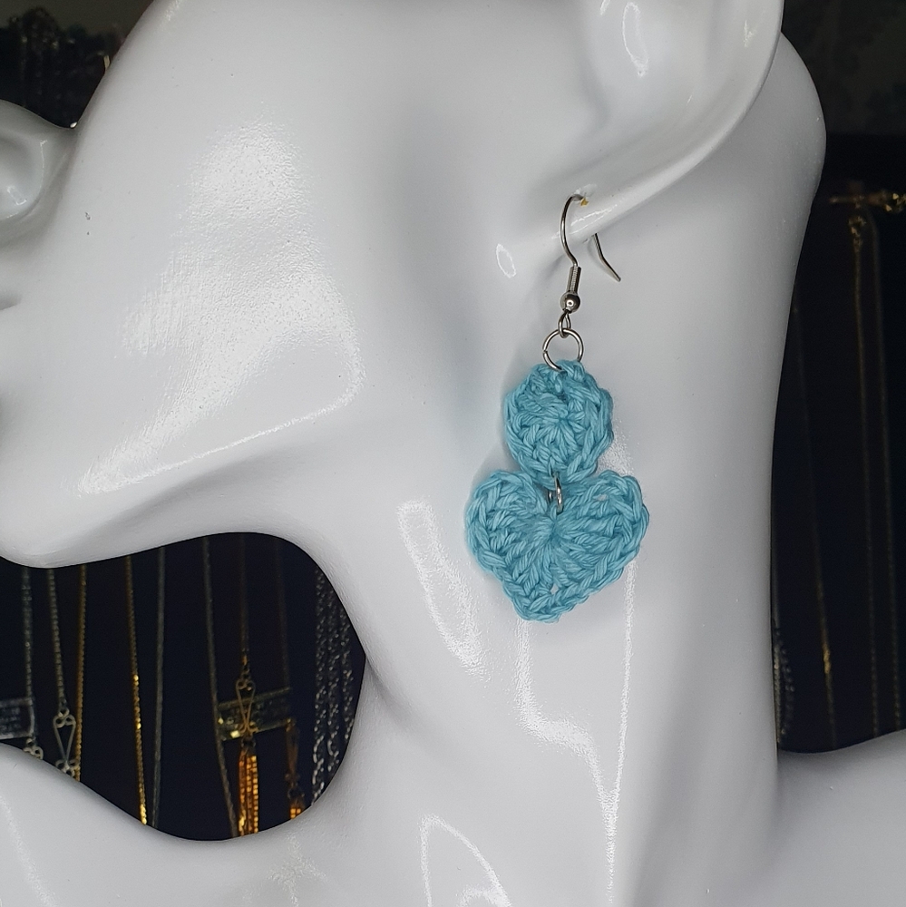 Blue crochet heart earrings with stainless steel hook and jump rings